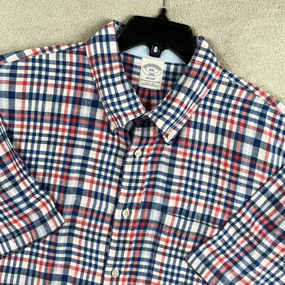 Brooks Brothers Shirt Mens 2XL Red Blue Plaid 100% Linen Short Sleeve Button Up